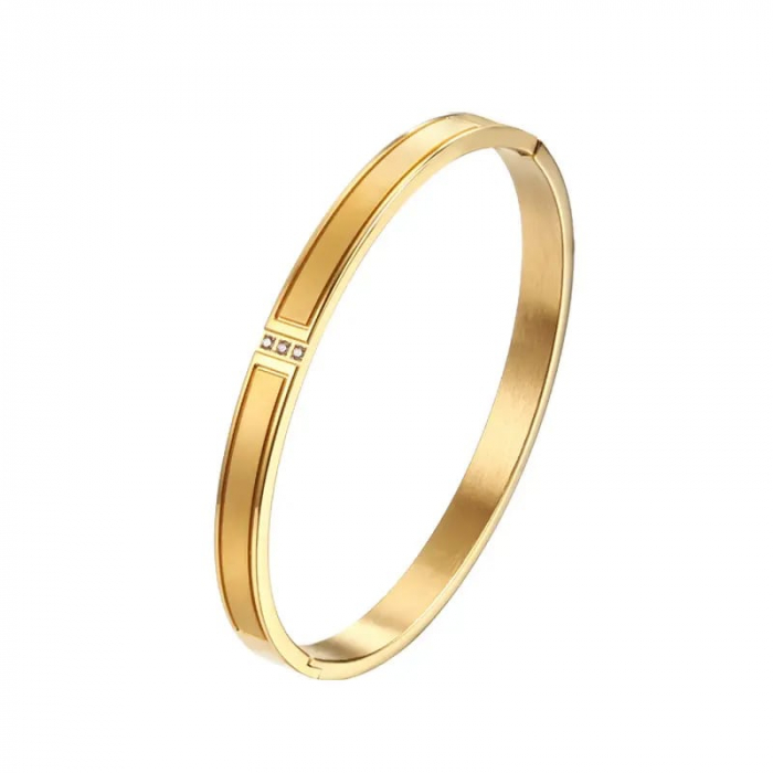 Bratara de dama tip Bangle fixa, model cu 3 cristale zirconiu, otel inoxidabil, placata cu aur 18K, auriu [2]