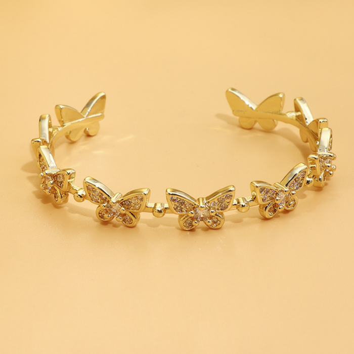 Bratara de dama tip Bangle fixa, model cu fluturi, pietre zirconiu, placat cu aur 18K, auriu, Tessero [4]