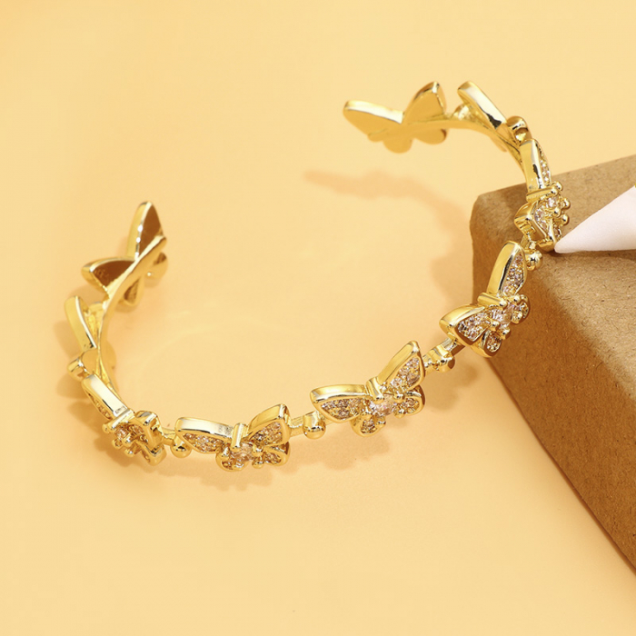 Bratara de dama tip Bangle fixa, model cu fluturi, pietre zirconiu, placat cu aur 18K, auriu, Tessero [3]