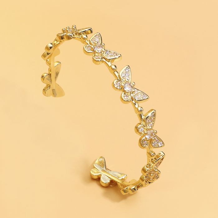 Bratara de dama tip Bangle fixa, model cu fluturi, pietre zirconiu, placat cu aur 18K, auriu, Tessero [2]