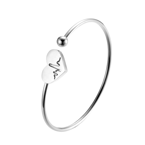 Bratara de dama tip Bangle flexibila, model electrocardiograma, inimioara cu puls, placata cu aur 18K, otel inoxidabil, argintiu [1]