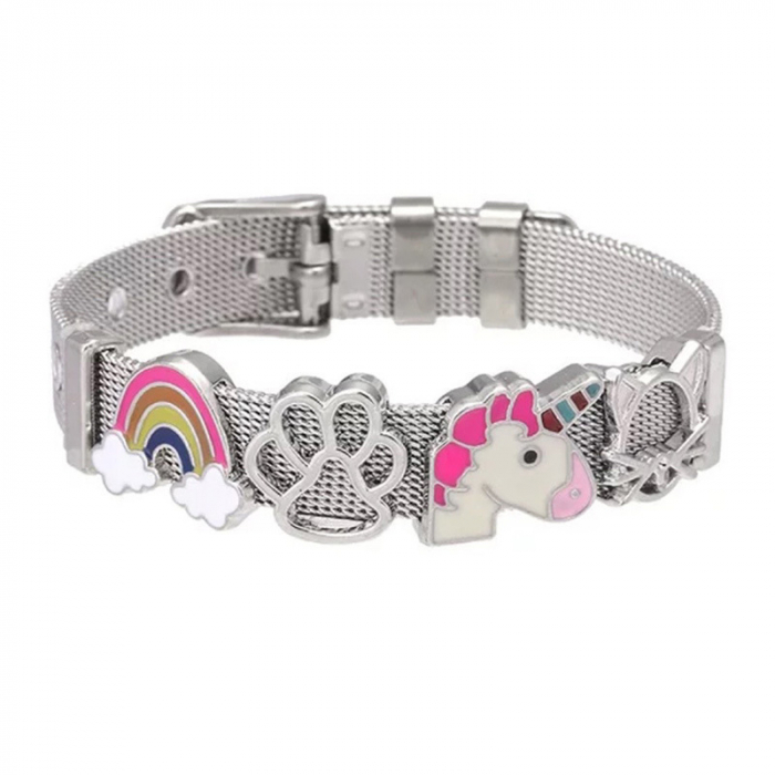 Bratara de dama tip curea cu charmuri in forma de unicorn si curcubeu, otel inoxidabil, placat cu argint, marime reglabila, Tessero, argintiu [1]