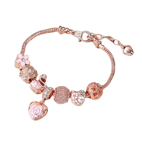 Bratara de dama tip Pandora cu charmuri, reglabila, placata cu aur 18k, rose gold [2]