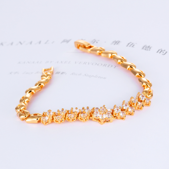 Bratara de dama tip Tennis cu trei randuri de pietre zirconiu, model in forma de floare, placat cu aur 18K, inchidere cu clips, Tessero, auriu [3]