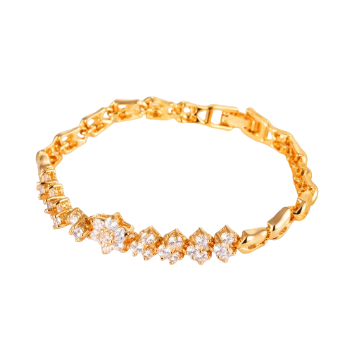 Bratara de dama tip Tennis cu trei randuri de pietre zirconiu, model in forma de floare, placat cu aur 18K, inchidere cu clips, Tessero, auriu [1]