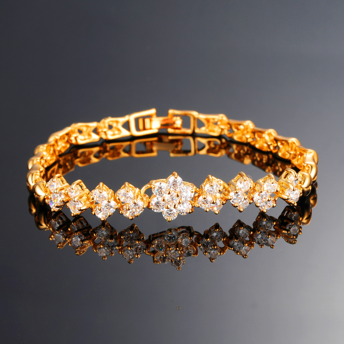 Bratara de dama tip Tennis cu trei randuri de pietre zirconiu, model in forma de floare, placat cu aur 18K, inchidere cu clips, Tessero, auriu [4]