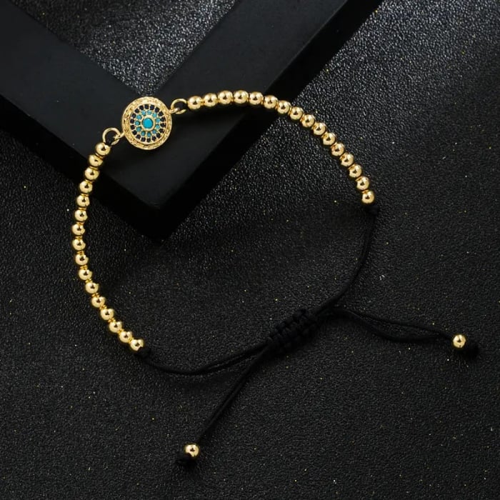 Bratara de mana luxury cu bilute placate cu aur 18K, charm model Evil Eye, marime reglabila, unisex, Tessero, auriu [2]