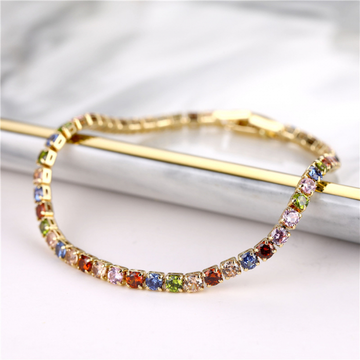 Bratara de mana model Tennis cu pietre zirconiu multicolore, 4mm, placata cu aur 18K, unisex, auriu [2]