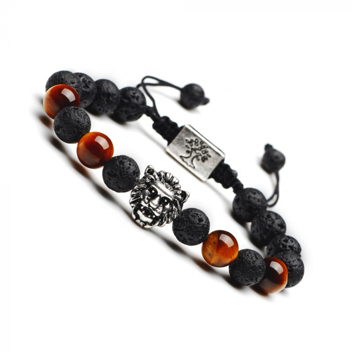 Bratara din piatra pretioasa Tiger Eye cu cap de leu, marime reglabila, argintiu [1]