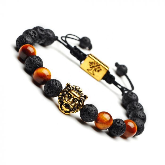 Bratara din piatra pretioasa Tiger Eye cu cap de leu, marime reglabila, auriu [1]