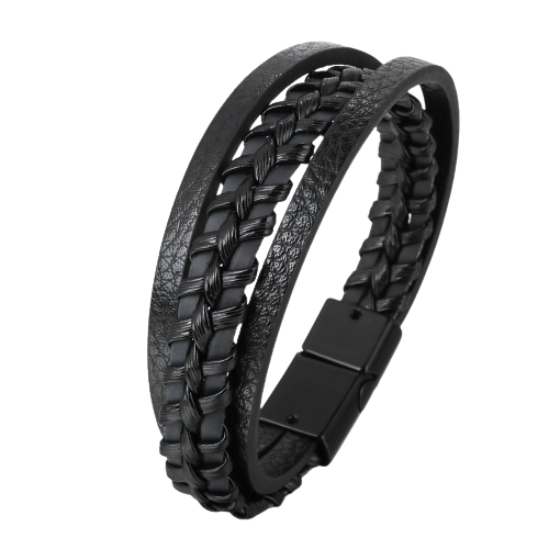 Bratara din piele naturala cu siraguri multiple, model incretit prin impletire, prindere magnet, Tessero, negru [1]