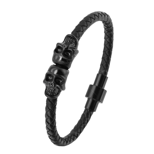 Bratara din piele naturala impletita, cap de mort dublu, prindere magnet, negru [1]