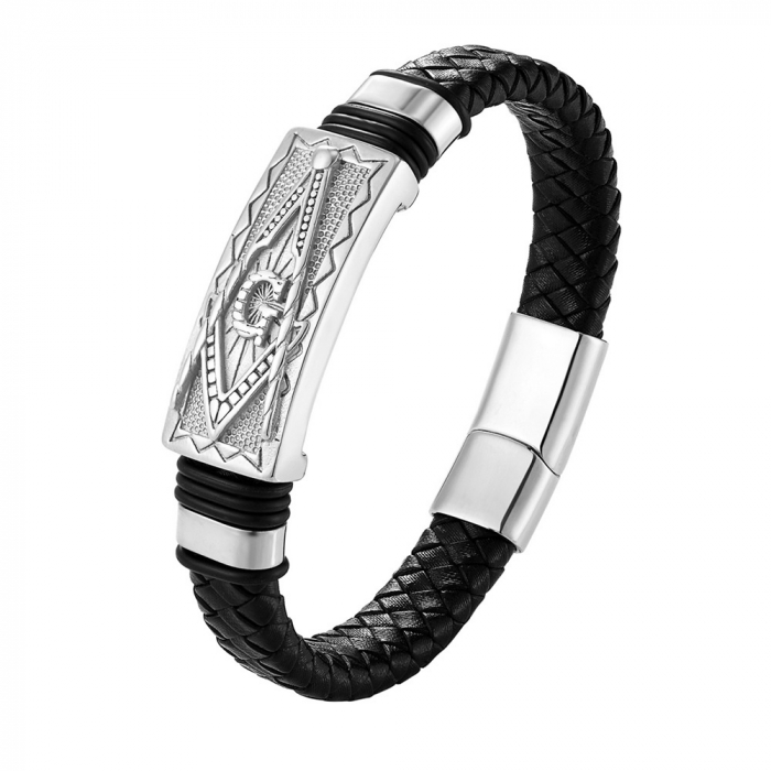 Bratara din piele naturala impletita, model cu semn Masonic in forma de echer si compas, prindere magnet, Tessero, negru si argintiu [1]
