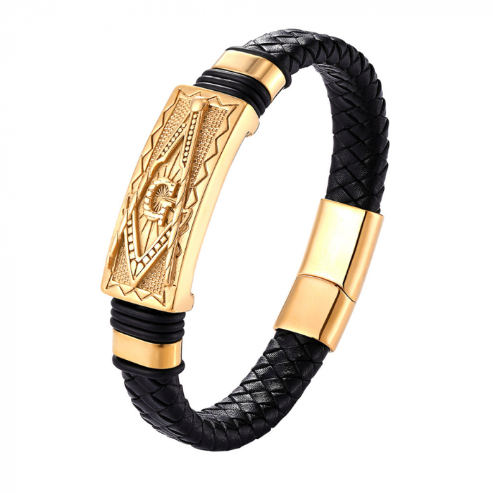 Bratara din piele naturala impletita, model cu semn Masonic in forma de echer si compas, prindere magnet, Tessero, negru si auriu [2]