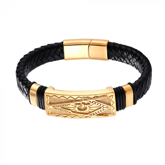 Bratara din piele naturala impletita, model cu semn Masonic in forma de echer si compas, prindere magnet, Tessero, negru si auriu [1]