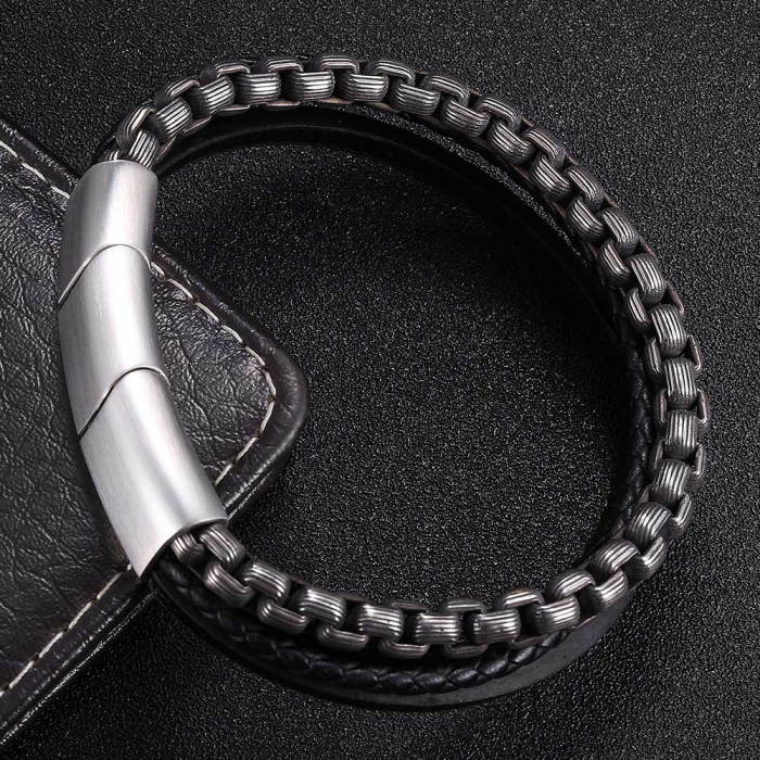 Bratara din piele naturala impletita si otel inoxidabil Vintage cu extensie, lant design cubic, prindere magnet, marime reglabila prin extensie magnetica, Tessero, negru si argintiu [2]
