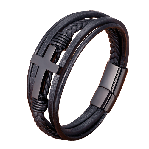 Bratara din piele naturala, model cruce, siraguri multiple, prindere magnet, negru, Tessero [4]