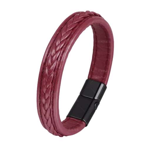 Bratara din piele naturala, model impletit cu cusatura, prindere magnet, 20 cm, Tessero, rosu [1]