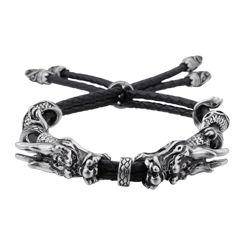 Bratara din piele naturala reglabila, model cu dragon Vintage, placat cu argint, marime reglabila, Tessero, argintiu si negru [4]