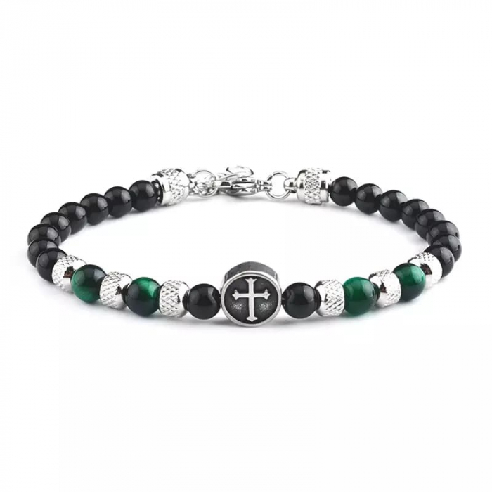 Bratara din pietre semipretioase, tiger eye, model cu cruce, charm-uri din otel inoxdabil, marime reglabila, Tessero, verde [1]