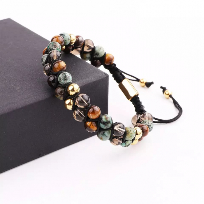 Bratara dubla din pietre naturale semipretioase, model tip macrame, marime reglabila pe snur, impletita pe diagonala, lucrata manual, unisex, Tessero, auriu [2]