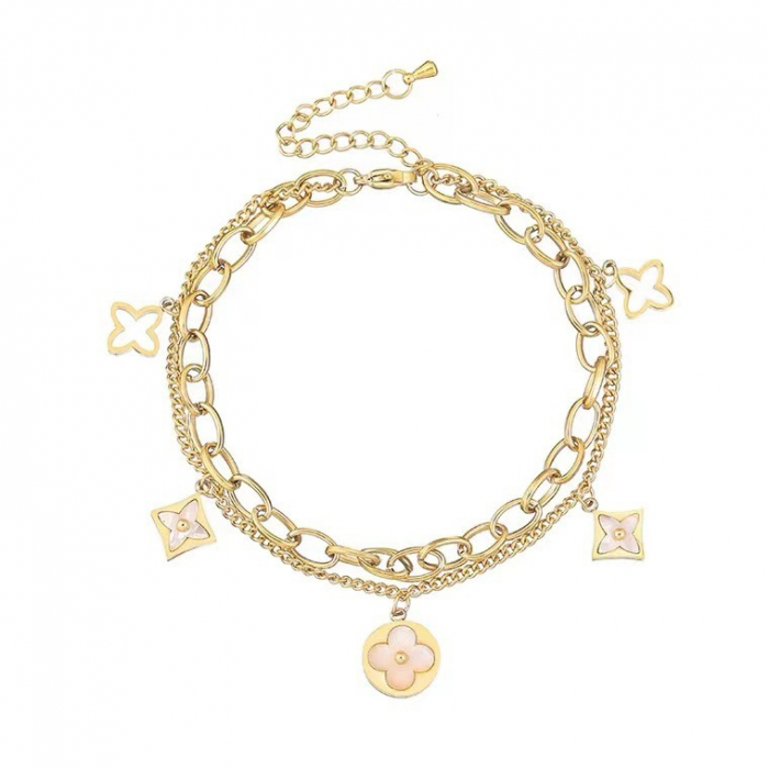 Bratara dubla model tip lant cu charm-uri in forma de trifoi, otel inoxidabil placat cu aur 18K, marime reglabila prin extensie, Tessero, auriu [1]