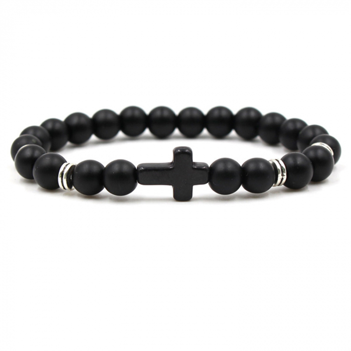 Bratara elastica din piatra semipretioasa, onix natural, model in forma de cruce, Tessero, unisex, negru [1]