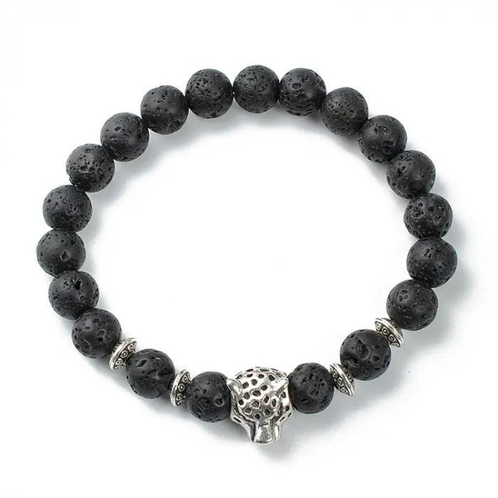 Bratara elastica din roca vulcanica, charm-uri placate cu argint, model cu cap de leopard, unisex, Tessero, negru [4]