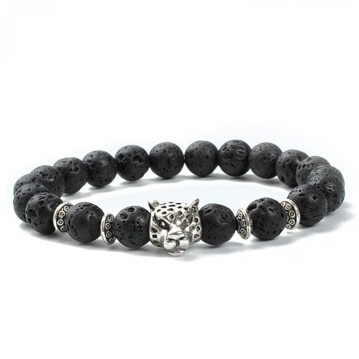 Bratara elastica din roca vulcanica, charm-uri placate cu argint, model cu cap de leopard, unisex, Tessero, negru [3]