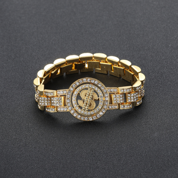 Bratara Hip Hop cu cap de leu, inchidere lobster, placat cu aur 18K, inchidere clips, Tessero, auriu [1]