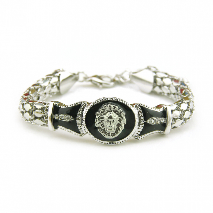 Bratara Hip Hop cu cap de leu, inchidere lobster, placat cu aur 18K, Tessero, argintiu [1]