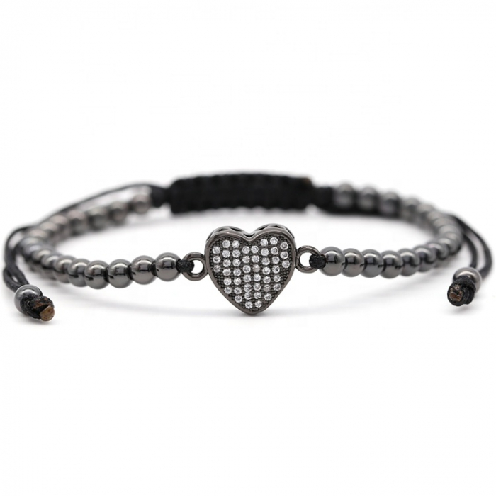 Bratara luxury cu charm in forma de inima, placata cu aur 24K, pietre zirconiu, tip snur, marime reglabila, negru [1]