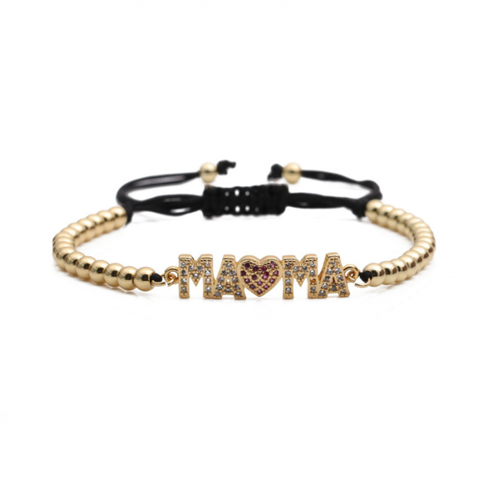 Bratara luxury cu charm inscriptionat "Mama", placata cu aur 24K, pietre zirconiu, tip snur, marime reglabila, auriu [2]