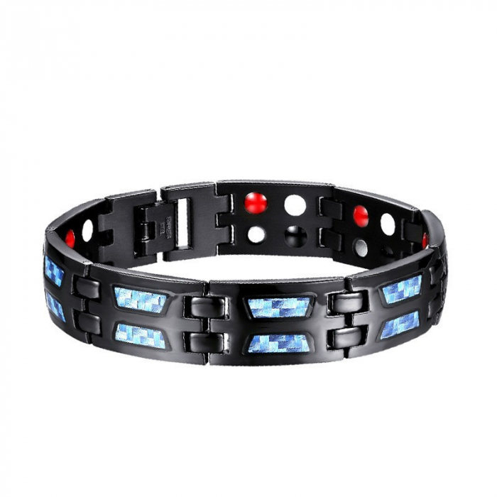 Bratara magnetica si terapeutica dubla pentru o stare de bine si protectie, antidepresie, model cu carbon albastru, otel inoxdaibil, Tessero, negru [3]