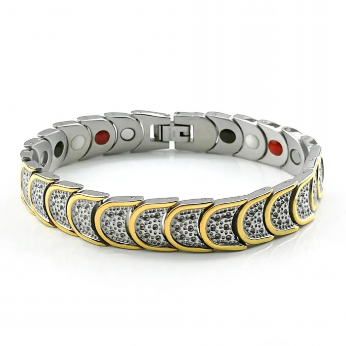 Bratara magnetica si terapeutica pentru o stare de bine si protectie, antidepresie, model tip solzi, otel inoxdaibil, placata cu aur 18K, Tessero, argintiu si auriu [1]