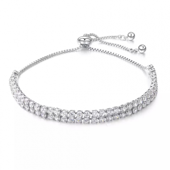 Bratara model tip Tennis cu doua randuri de pietre zirconiu, marime reglabila, placata cu aur 18K, Tessero, argintiu [1]