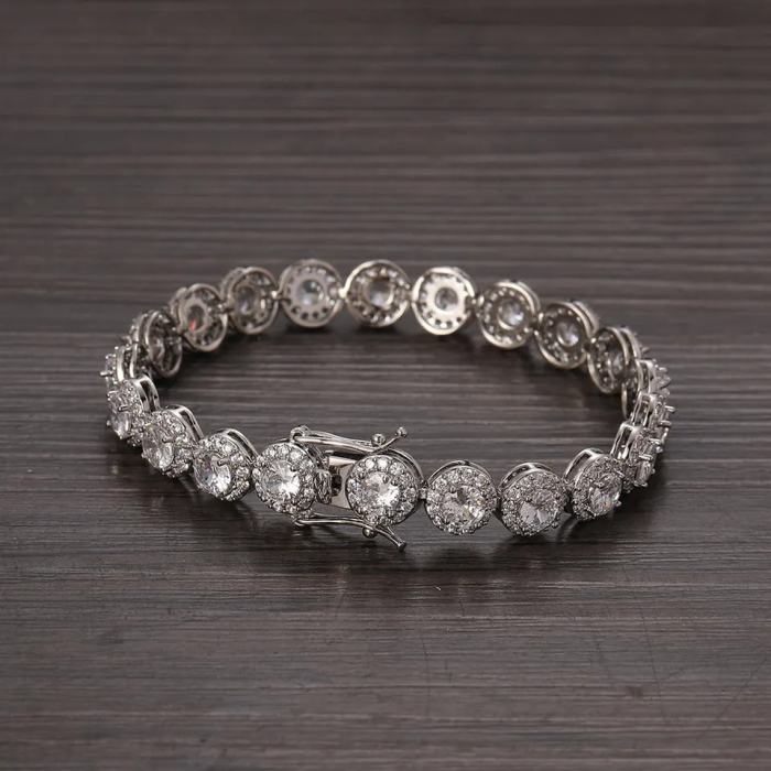 Bratara model tip Tennis de dama, taietura rotunda, prindere catarama cu siguranta, otel inoxidabil placat cu aur 18K, 18 cm, Tessero, argintiu [2]