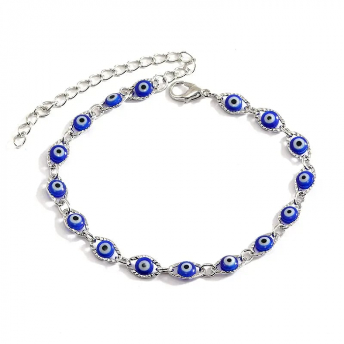 Bratara pentru picior, glezna, model cu Evil Eye, ochiul protector, placat cu aur 18K, marime reglabila, Tessero, argintiu [1]