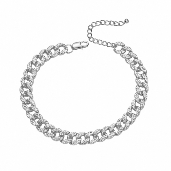 Bratara pentru picior, glezna, model Cuban Chain, placat cu aur 18K, pietre zirconiu, marime reglabila, unisex, Tessero, argintiu [1]