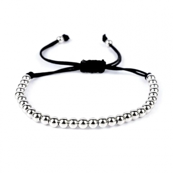 Bratara realizata manual din bilute si snur, model stil macrame, marime reglabila, unisex, placata cu aur 18K, argintiu [2]