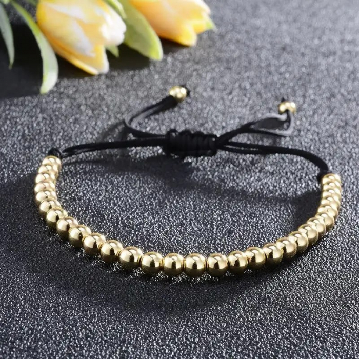Bratara realizata manual din bilute si snur, model stil macrame, marime reglabila, unisex, placata cu aur 18K, auriu [2]