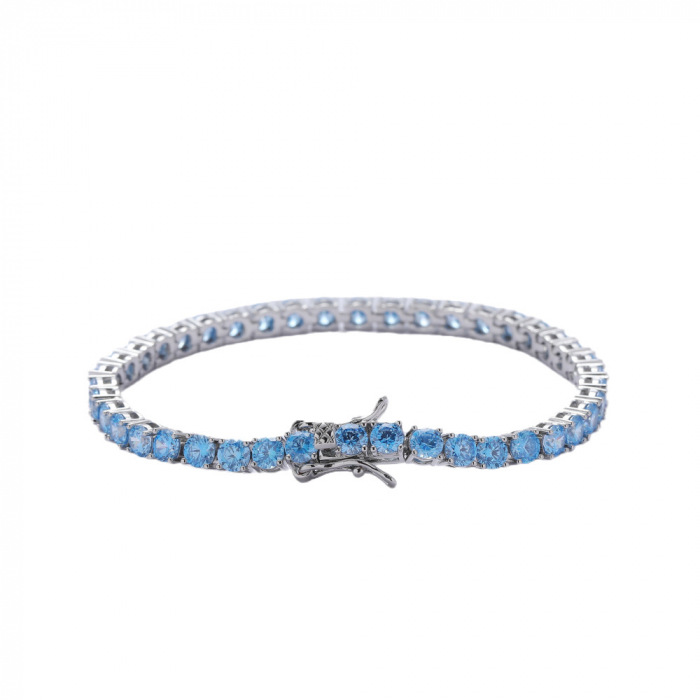 Bratara Tennis din otel inoxidabil, pietre zirconiu albastre, 18 cm, placat cu aur alb 18K, unisex, inchidere cu catarama, Tessero, argintiu [1]