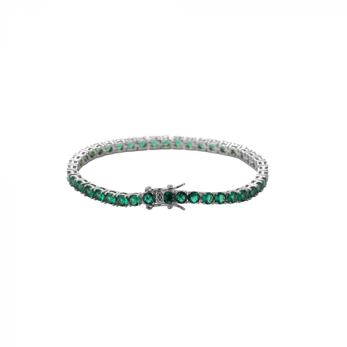 Bratara Tennis din otel inoxidabil, pietre zirconiu de culoare verde, 18 cm, placat cu aur alb 18K, unisex, inchidere cu catarama, Tessero, argintiu [1]