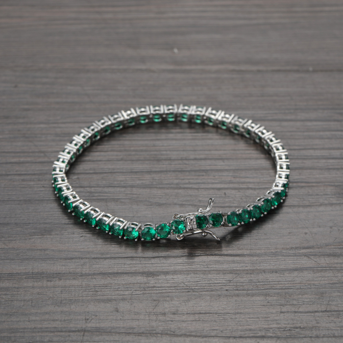Bratara Tennis din otel inoxidabil, pietre zirconiu de culoare verde, 18 cm, placat cu aur alb 18K, unisex, inchidere cu catarama, Tessero, argintiu [2]
