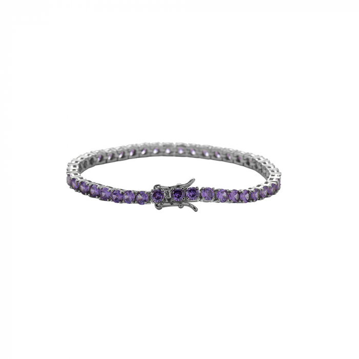 Bratara Tennis din otel inoxidabil, pietre zirconiu mov, 18 cm, placat cu aur alb 18K, unisex, inchidere cu catarama, Tessero, argintiu [2]