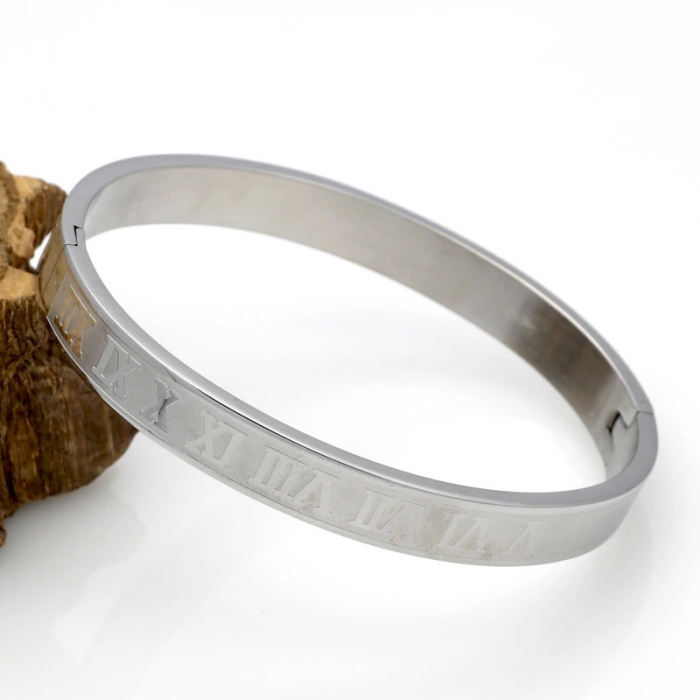Bratara tip bangle cu cifre romane din otel inoxidabil, placat cu aur 18k, unisex, 18 cm, argintiu [4]