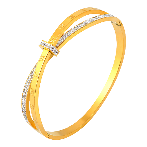 Bratara tip Bangle fixa cu strasuri din pietre zirconiu, model cu cifre romane, otel inoxidabil, prindere cu magnet, placata cu aur 18K, Tessero, auriu [1]