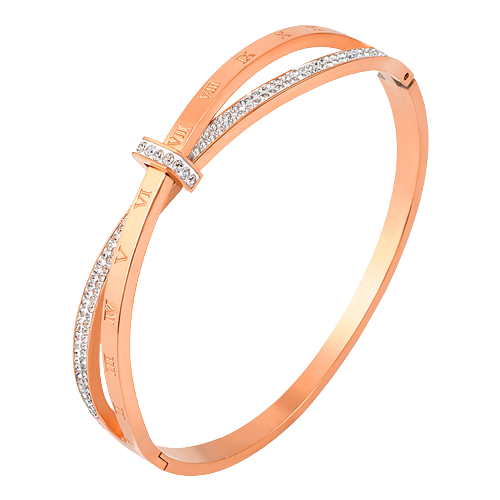 Bratara tip Bangle fixa cu strasuri din pietre zirconiu, model cu cifre romane, otel inoxidabil, prindere cu magnet, placata cu aur 18K, Tessero, rose gold [1]