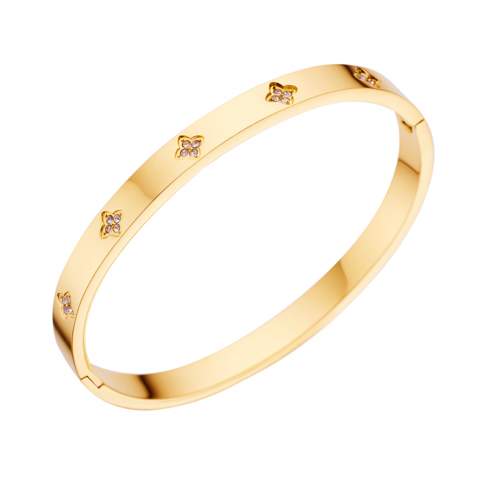 Bratara tip Bangle fixa cu strasuri din pietre zirconiu, model cu trifoi, otel inoxidabil, prindere cu magnet, placata cu aur 18K, Tessero, auriu [3]