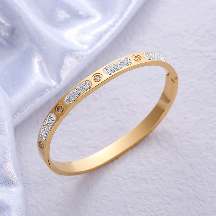 Bratara tip Bangle fixa cu strasuri din pietre zirconiu, otel inoxidabil, prindere cu magnet, placata cu aur 18K, Tessero, auriu [2]